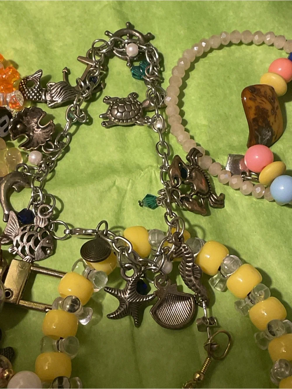 Colorful Mixed Children Bead and Silvertone bracelets, cord Necklaces